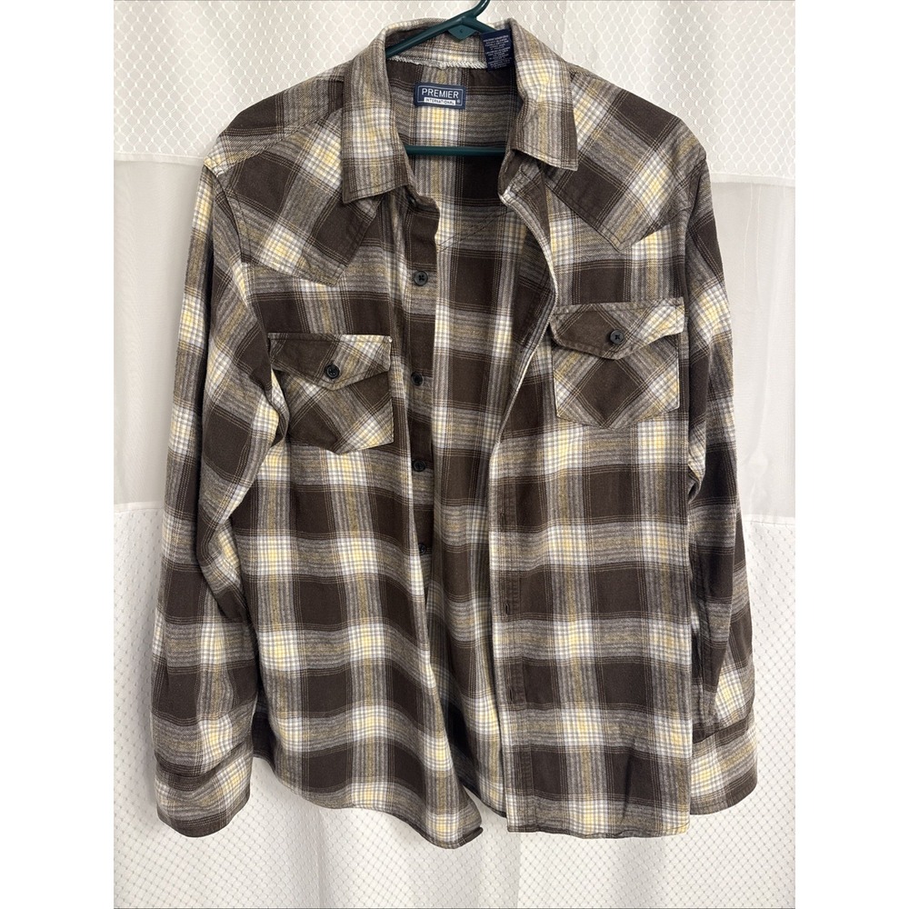 Premiere International Men's Button Down Plaid Shirt Long Sleeve  100% Cotton
